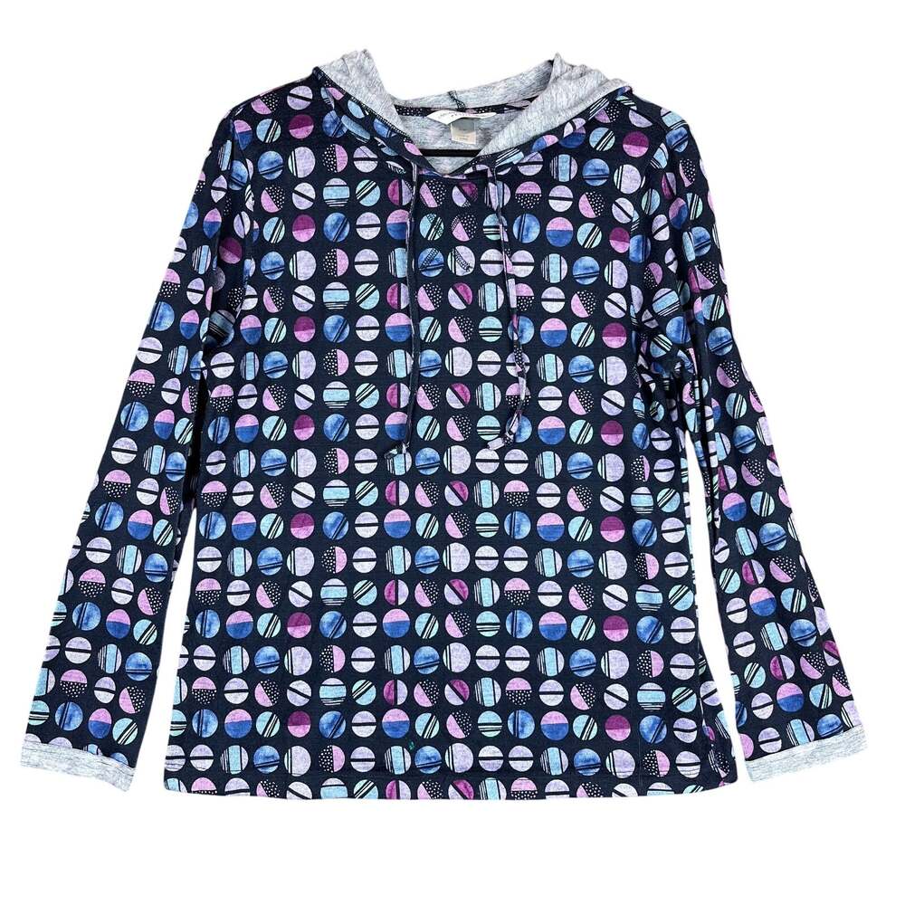 Christopher & Banks Womens Shirt Blue Purple Circle Pattern Hooded Stretch PM